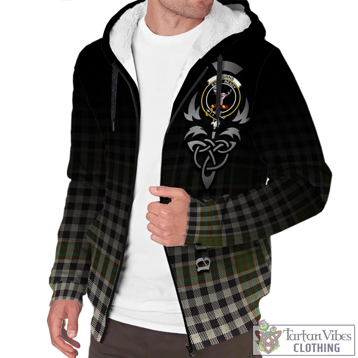 Burns Check Tartan Sherpa Hoodie Featuring Alba Gu Brath Family Crest Celtic Inspired